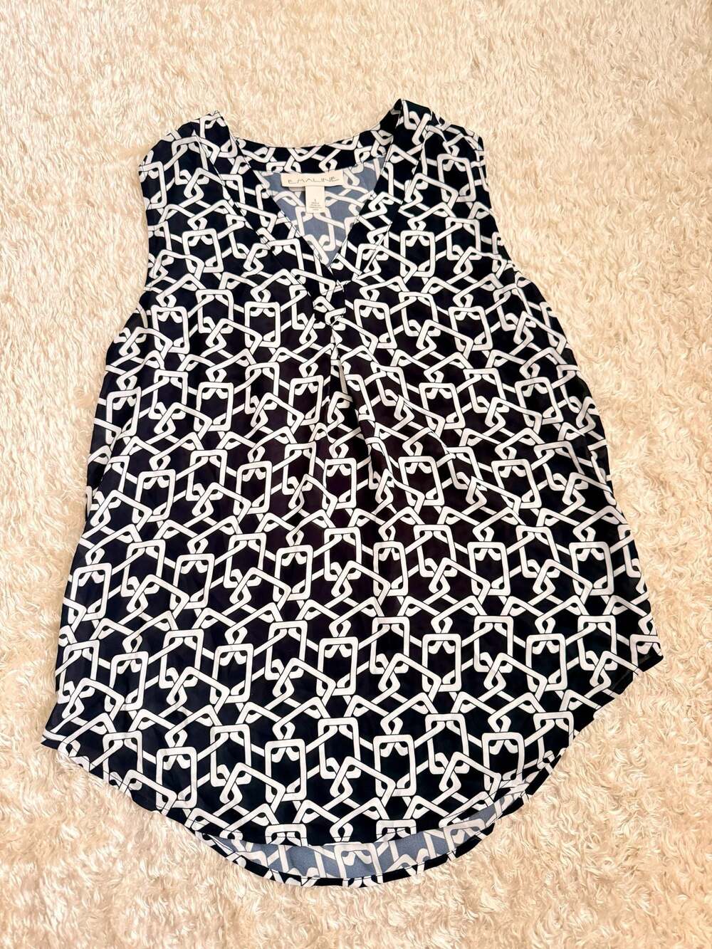 Emaline Black and White Geometric Print Sleeveless V-Neck Blouse